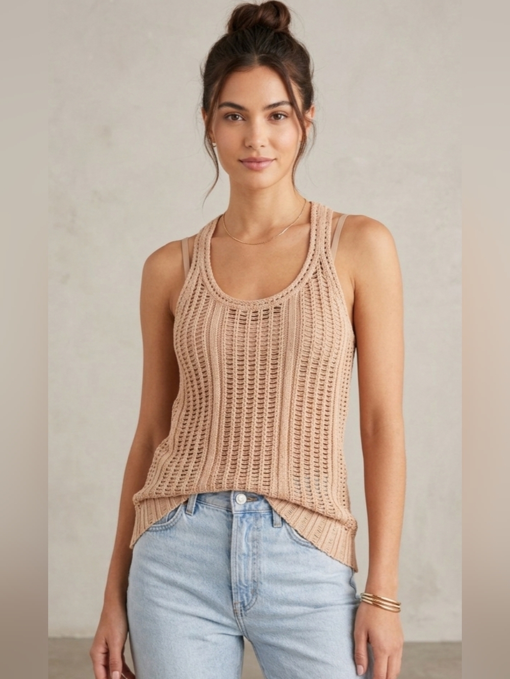 Robert Rodriguez Crochet Knit Racerback Tank Top Beige Neutral Size M - Picture 2 of 7